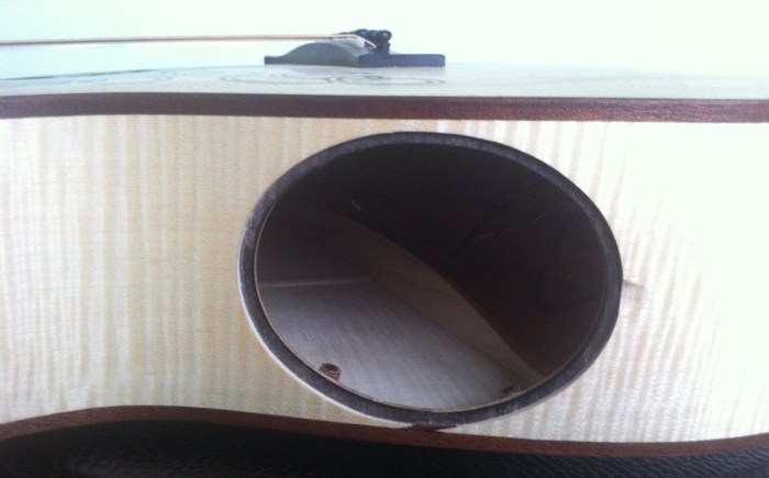 Looking into the top sound hole. Volume control and battery just under to top on the right.